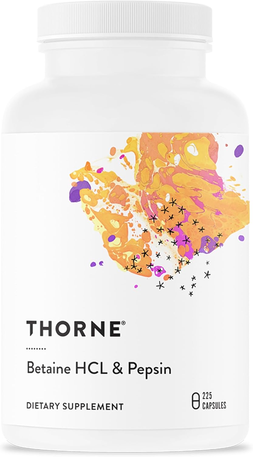 Thorne Betaine HCL & Pepsin, Digestive Enzyme & Hydrochloric Acid Supplement, 225 Capsules